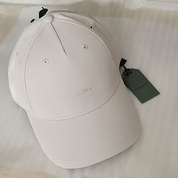 NEW ALLSAINTS neutral taupe embroidered leather strap baseball dad hat cap NWT - Picture 1 of 12